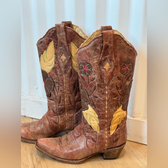 Corral Floral Embroidered Leather Cowboy Boots Brown Size 6.5 - Picture 2 of 12